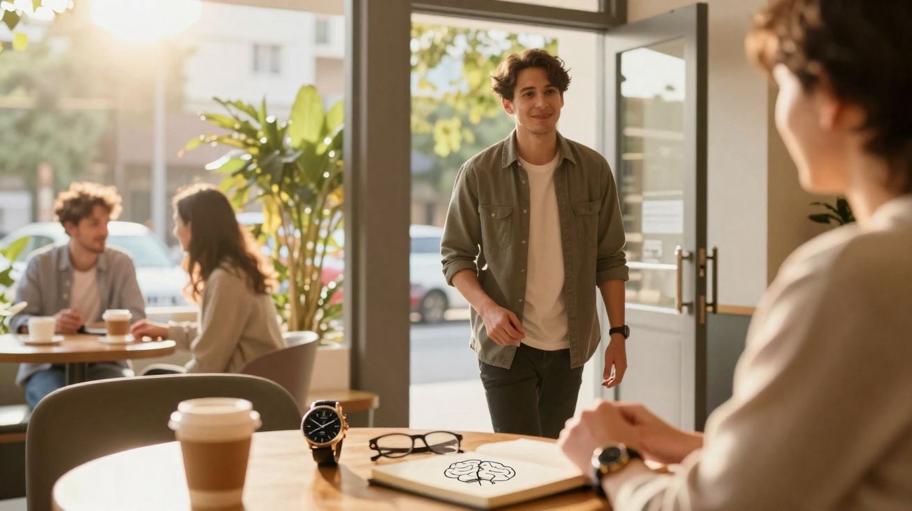 Homem jovem a entrar numa cafetaria moderna com luz natural ao fim da tarde, amigos ao fundo.