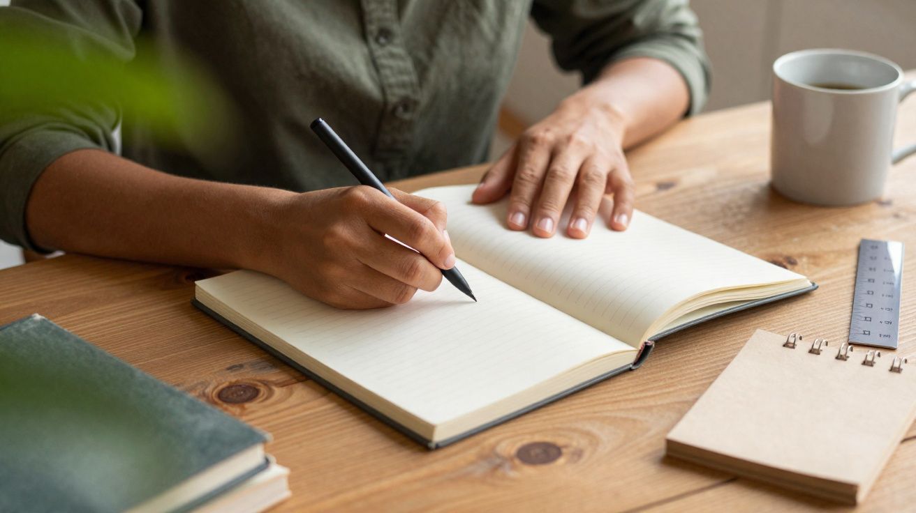 Pessoa a escrever num caderno aberto numa mesa de madeira com livros, régua, bloco de notas e chávena.