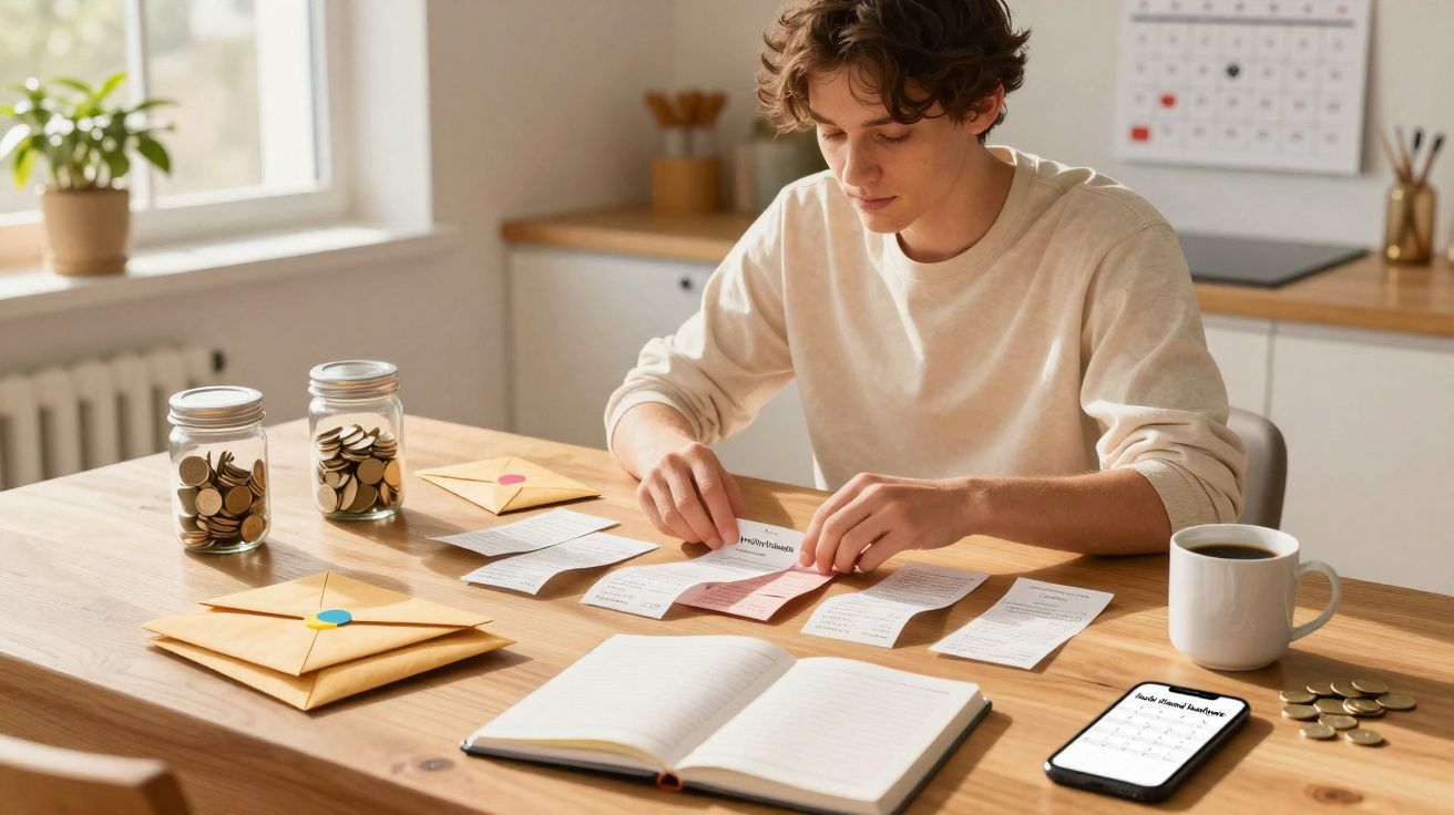 Pessoa jovem a organizar recibos numa mesa com moedas, envelopes, café, caderno aberto e telemóvel.