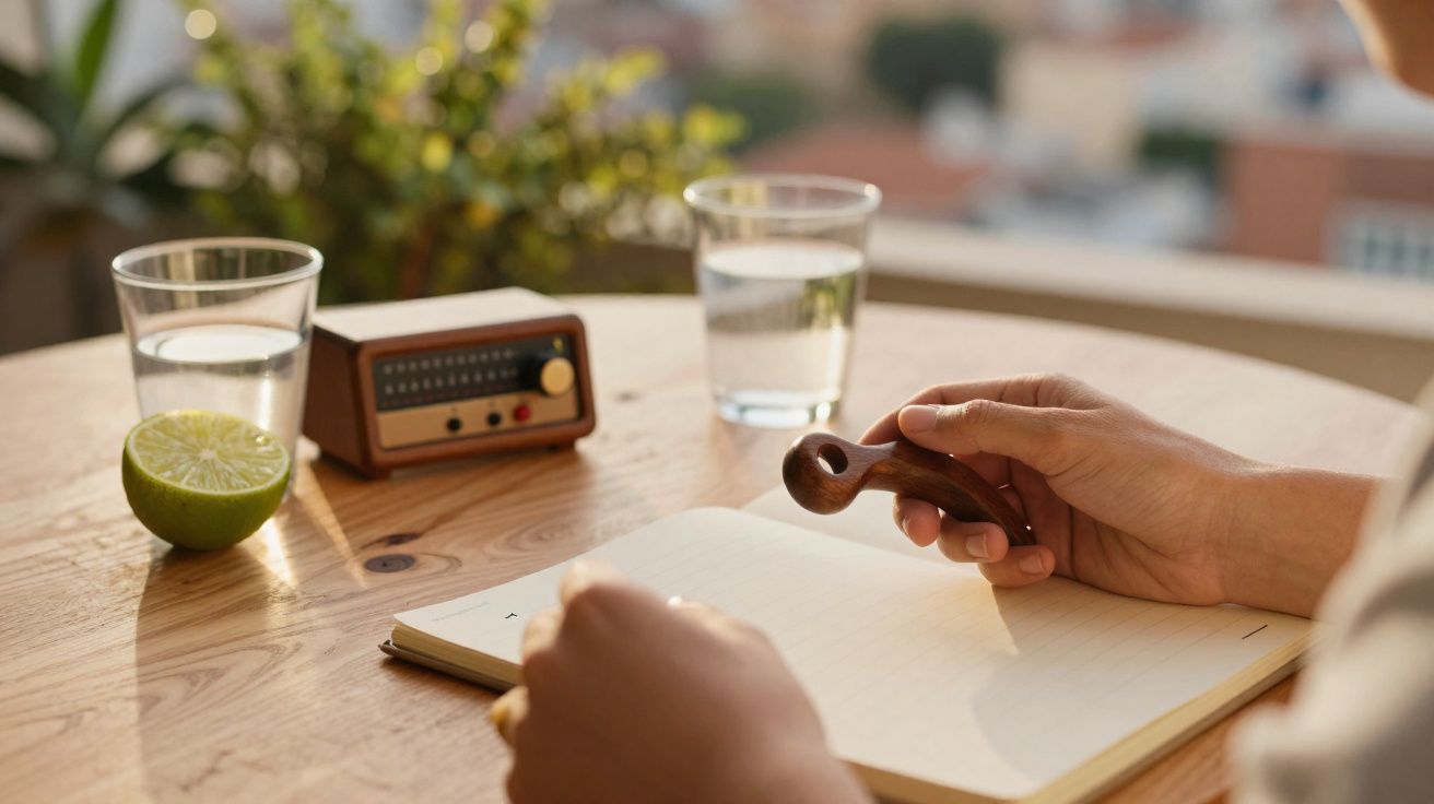 Pessoa a escrever num caderno com rádio, duas águas e meio lima numa mesa de madeira ao ar livre.