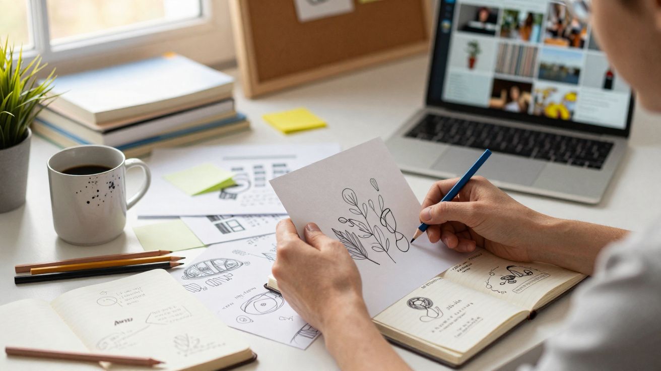 Pessoa a desenhar folhas num papel, rodeada de cadernos, computador, lápis e chávena de café.