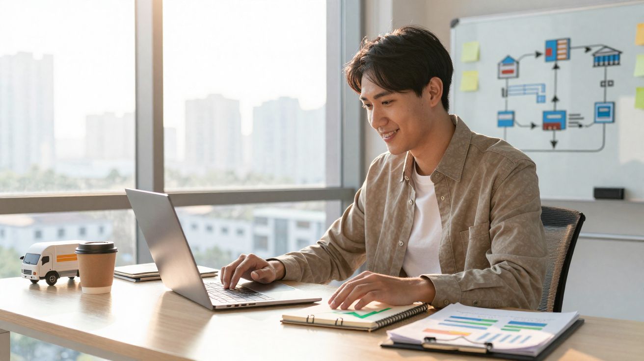 Jovem a trabalhar num laptop num escritório moderno com gráficos e esquema numa secretária.