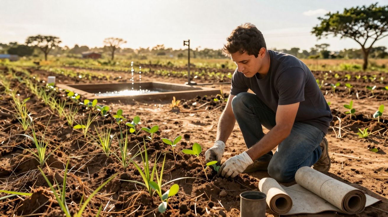 Jovem agricultor a plantar mudas numa horta com sistema de irrigação ao fundo durante o dia.