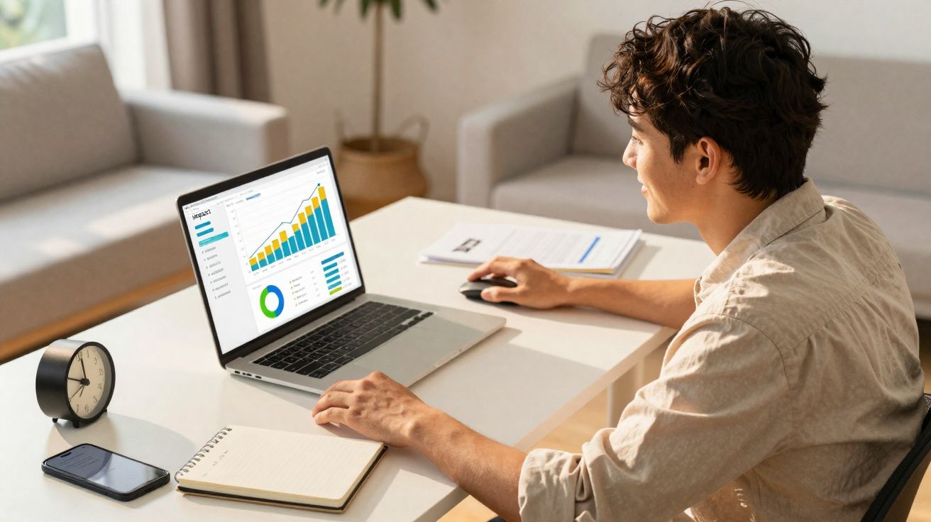 Homem a trabalhar em relatório financeiro no portátil, com caderno, telemóvel e relógio numa secretária branca.