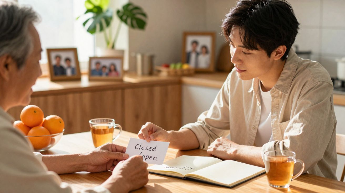 Duas pessoas sentadas à mesa com chá, uma a mostrar um cartão com "Closed" e "Open" escrito.