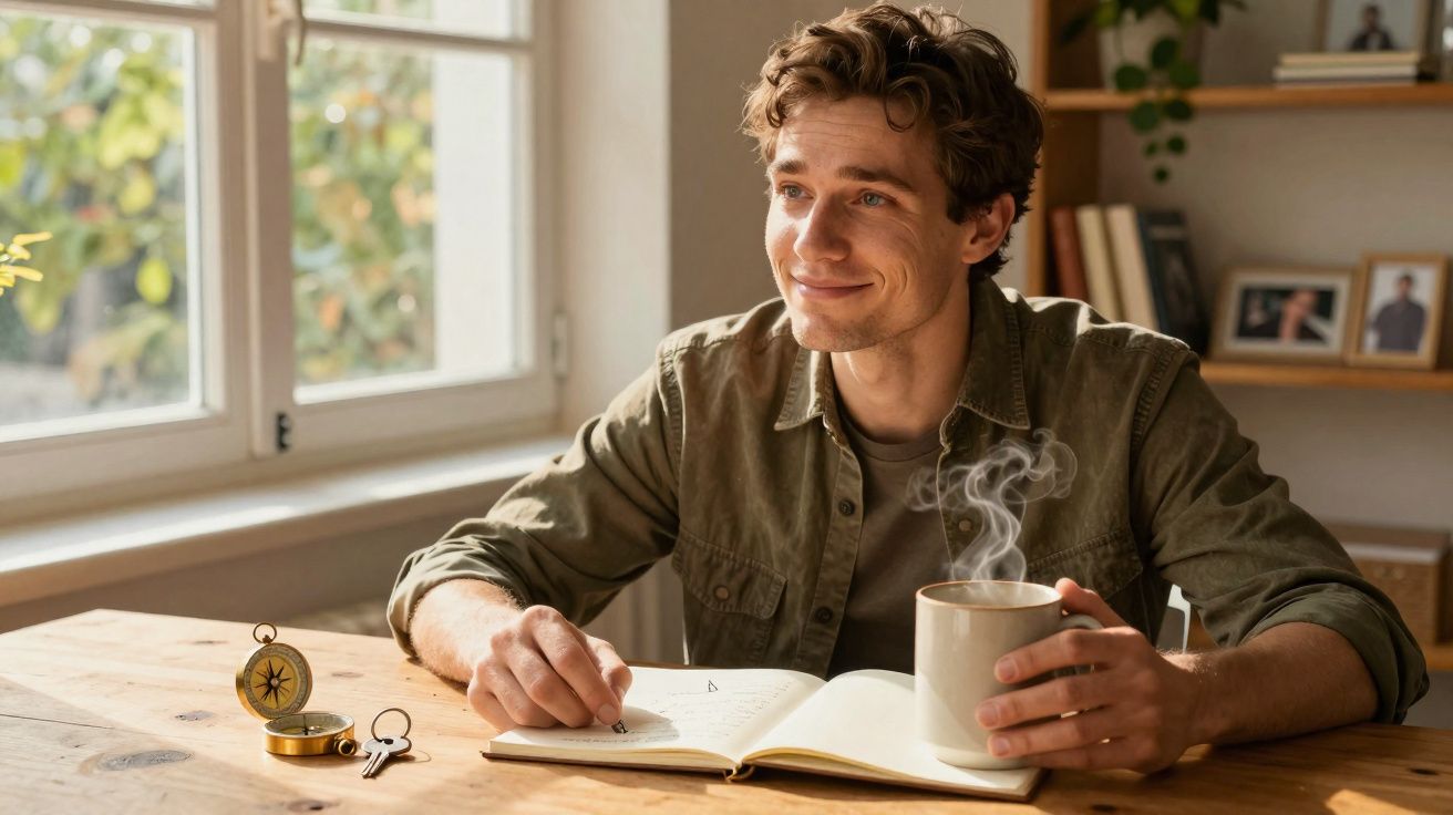 Homem sorridente sentado à mesa com livro aberto e caneca quente numa sala iluminada pela janela.