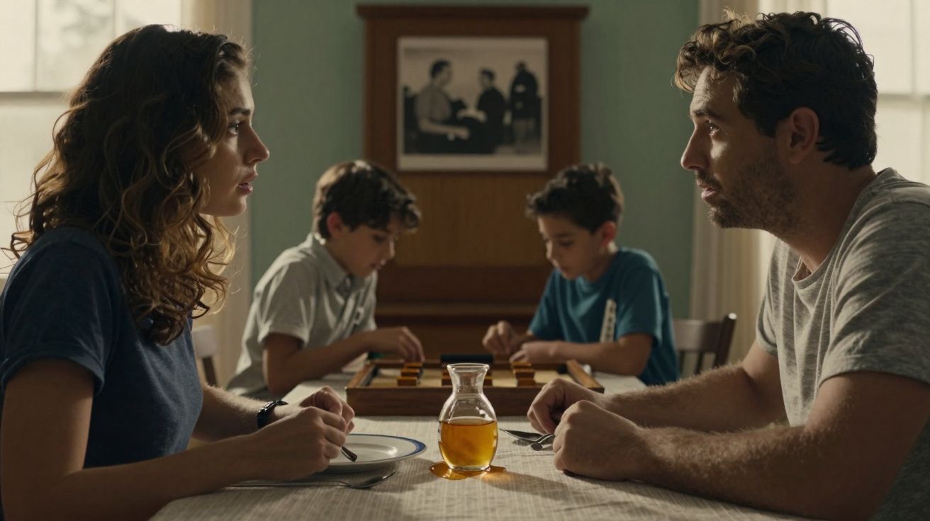 Casal sentado à mesa com dois miúdos a jogar xadrez ao fundo numa sala doméstica.