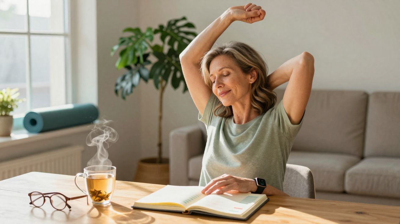 Mulher esticando os braços sentada a uma mesa com chá quente e livro aberto, ambiente relaxante e luminoso.