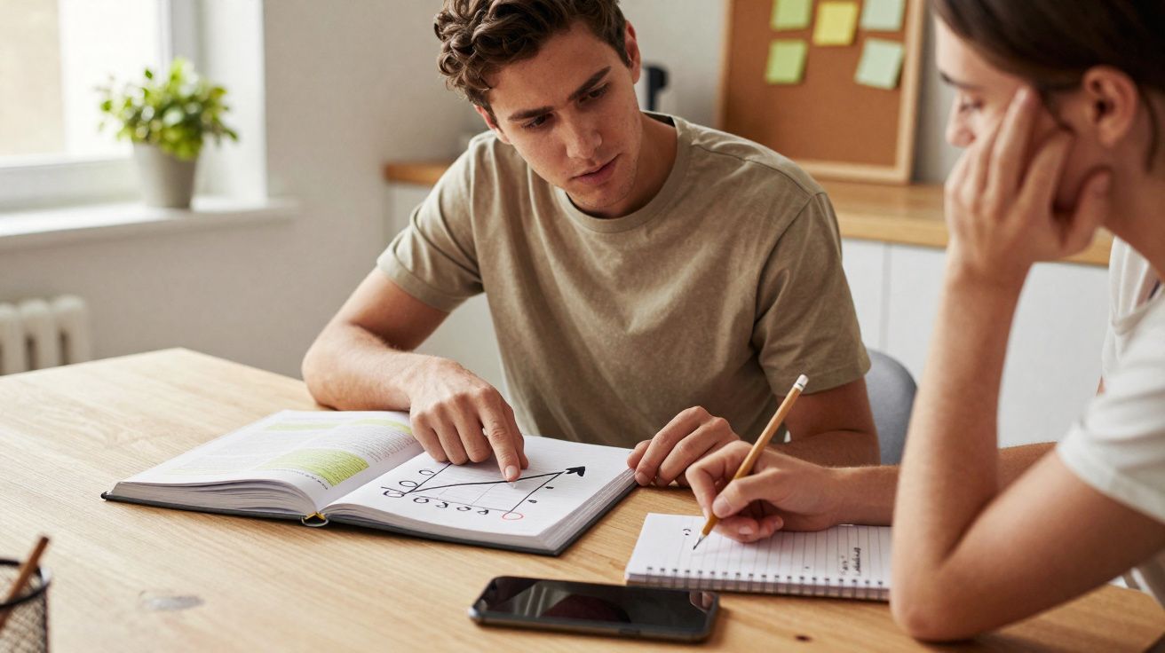 Dois jovens estudam matemática, com gráfico num caderno aberto, numa mesa com smartphone e bloco de notas.