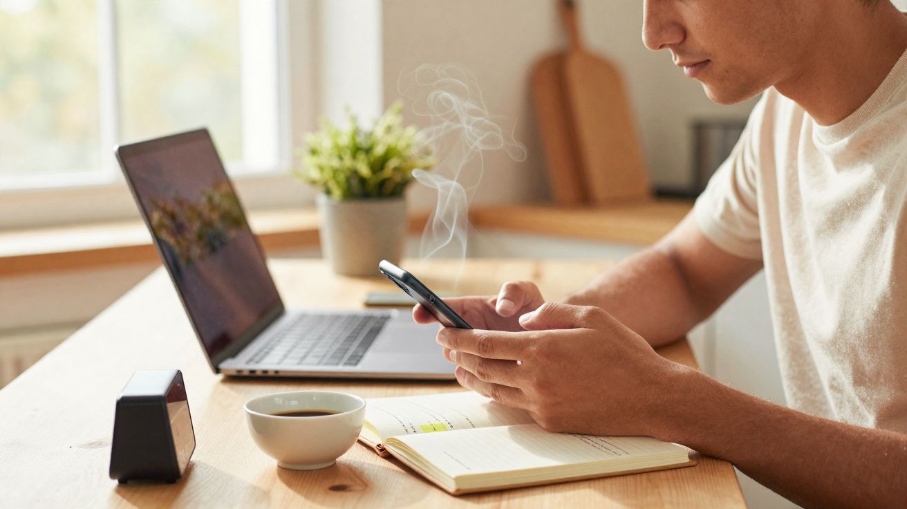 Pessoa a usar telemóvel sentada à mesa com portátil, caderno, chá quente e planta numa cozinha iluminada.