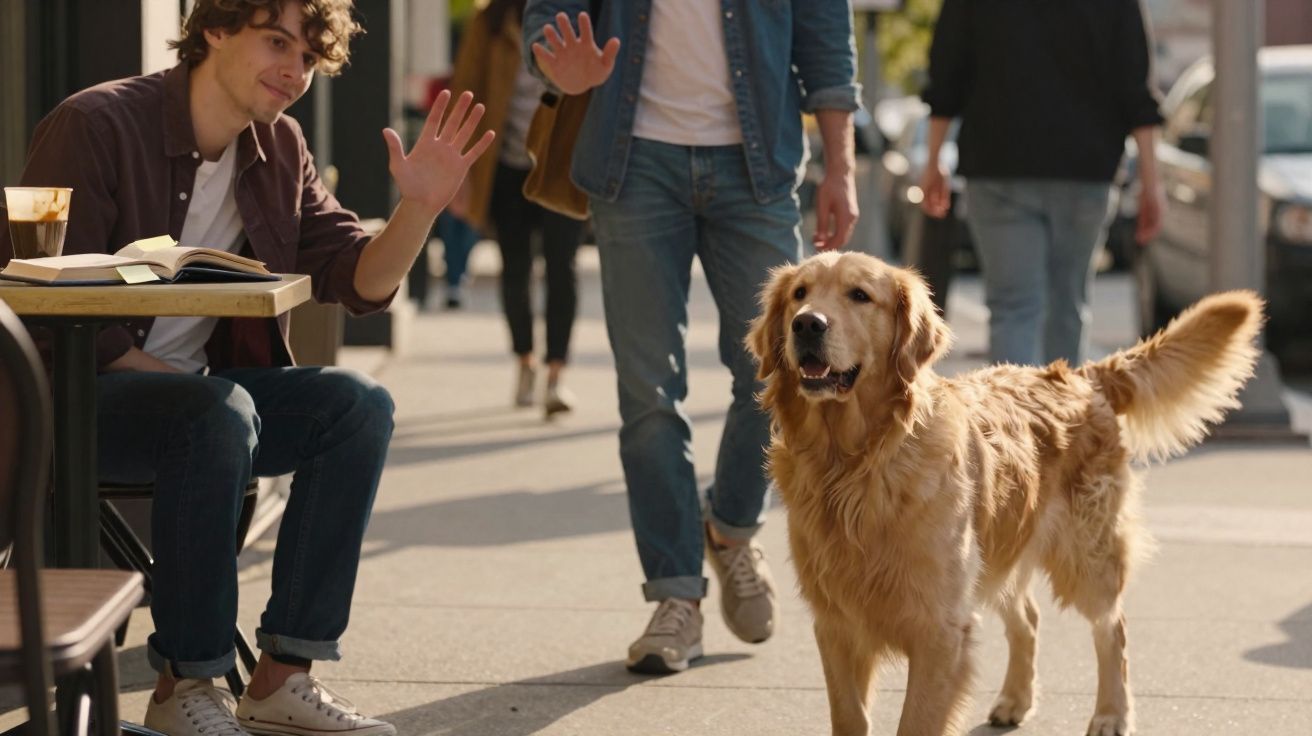 Homem sentado numa esplanada a acenar para um cão dourado a passear na rua movimentada.