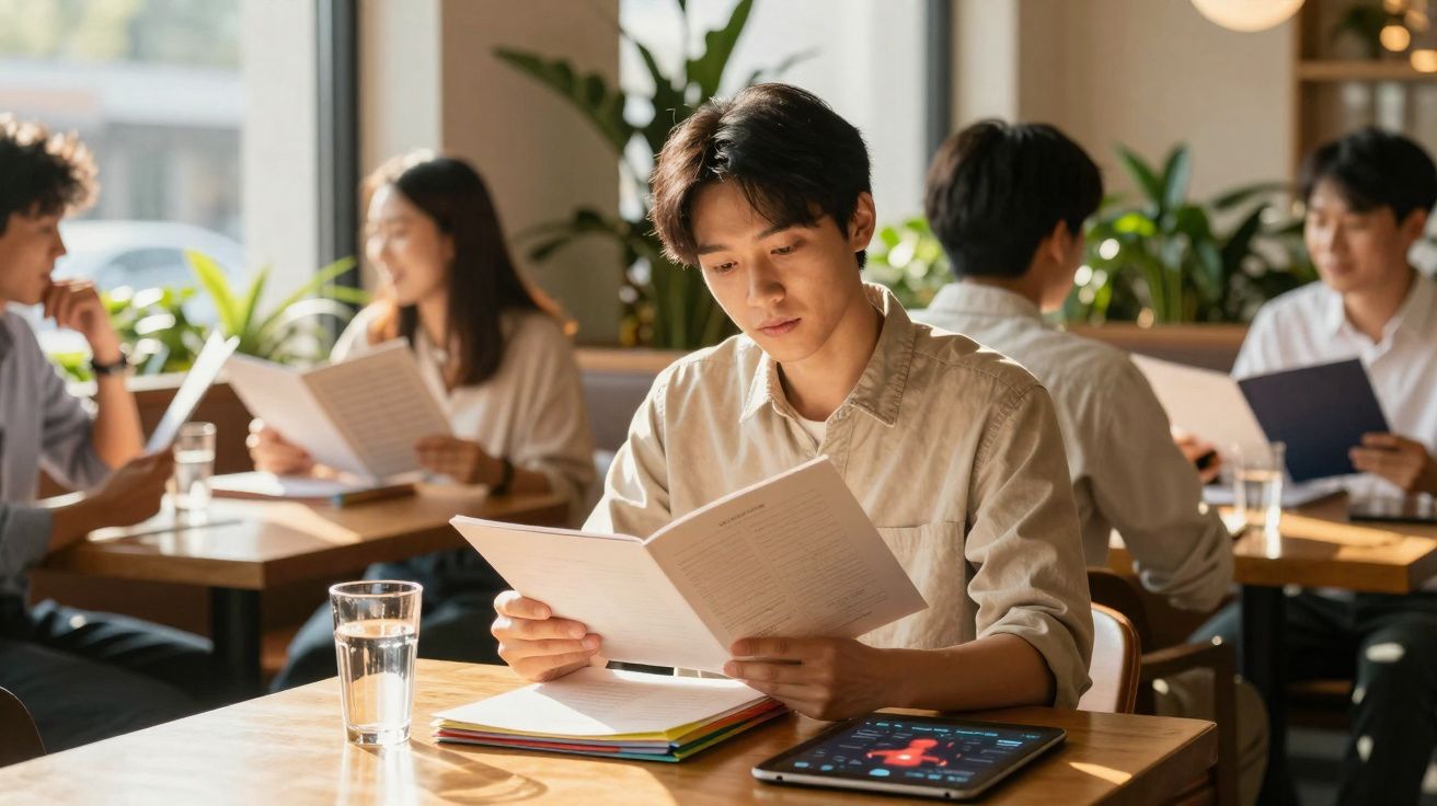 Jovem a ler um documento numa mesa com outros jovens ao fundo, num ambiente de estudo ou café.