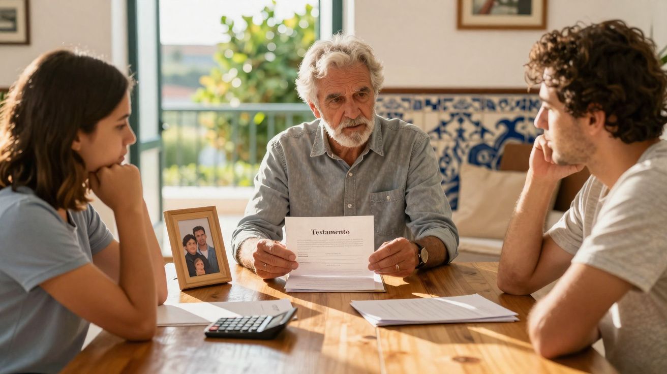 Homem idoso lê testamento para um casal jovem à mesa numa sala iluminada.