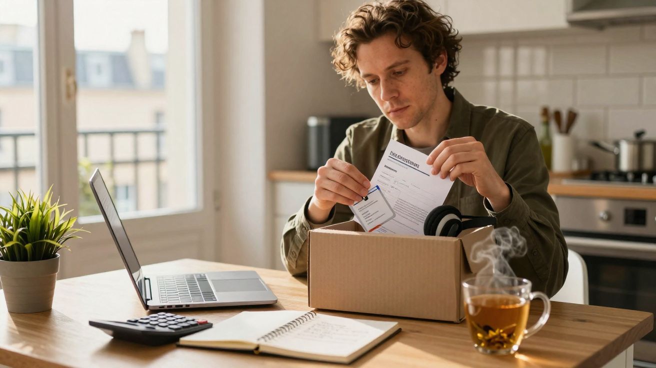 Homem a guardar documentos numa caixa de cartão numa cozinha com portátil e chá quente numa mesa de madeira.