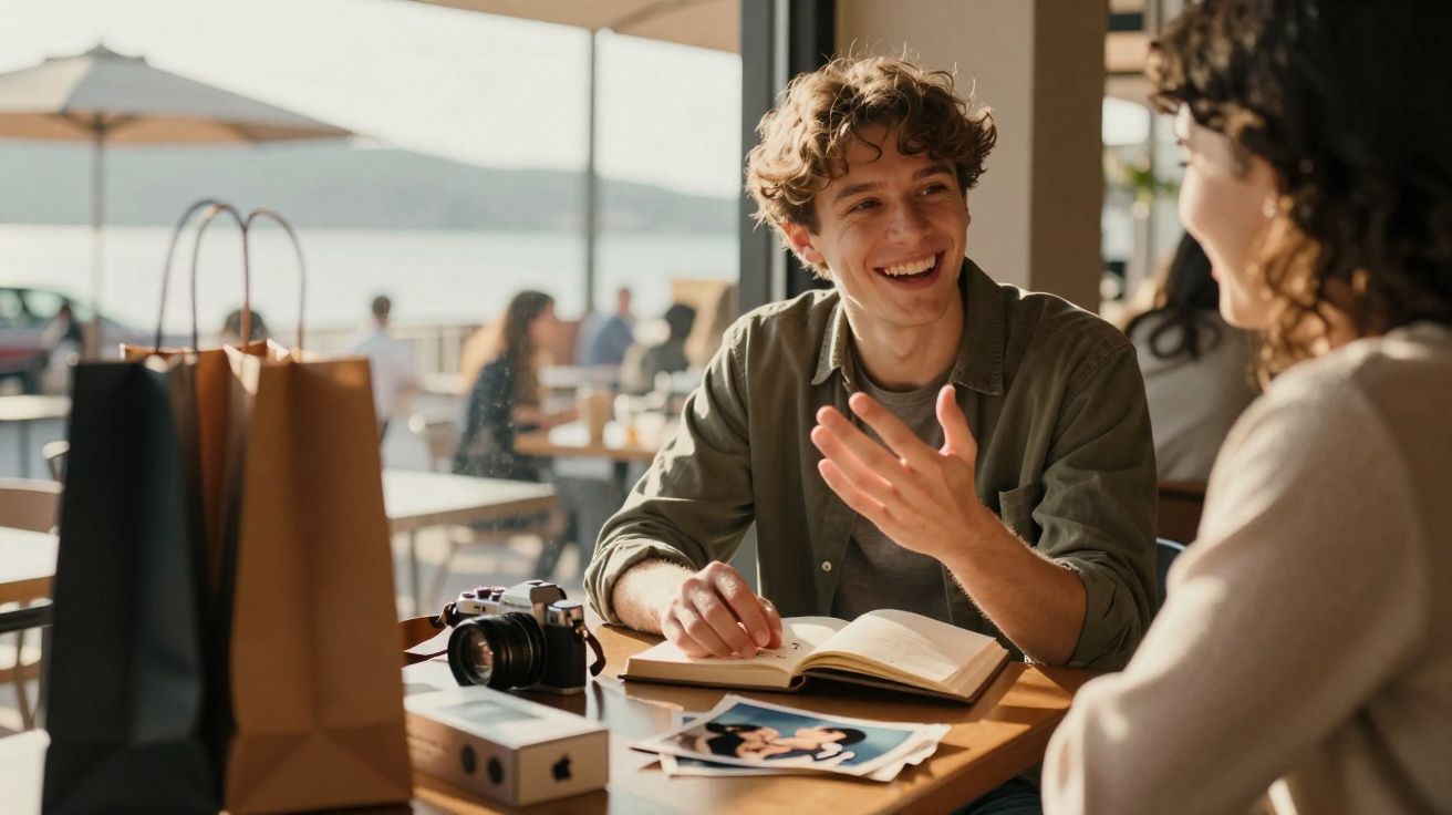Jovem sorridente a conversar com uma pessoa numa mesa de café, com sacos de compras e fotos à frente.