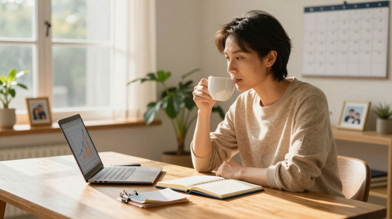 Pessoa a beber café enquanto trabalha num portátil com gráficos num escritório iluminado.