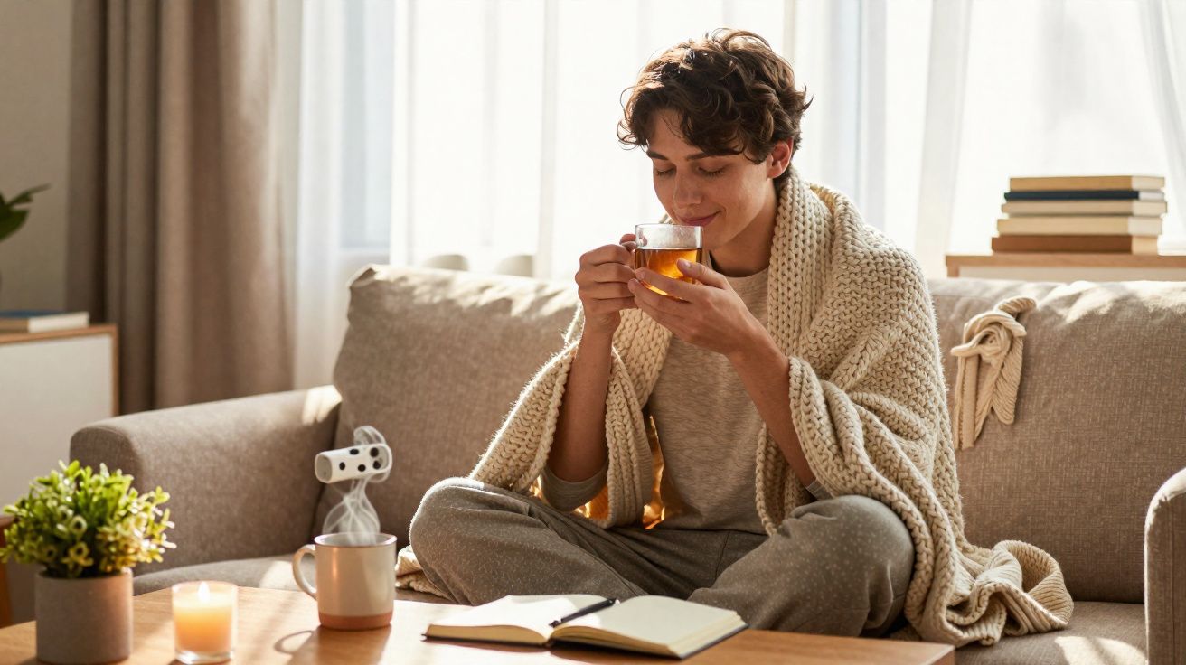 Pessoa sentada no sofá coberta com manta, a beber chá, com livro aberto e vela acesa na mesa à frente.
