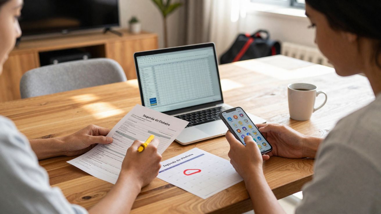 Duas pessoas a analisar documentos com computador e telemóvel numa mesa de madeira numa sala de estar.