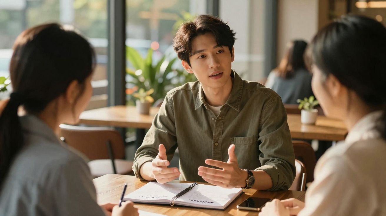 Jovem a explicar ideias durante reunião informal numa mesa com duas pessoas num espaço luminoso.