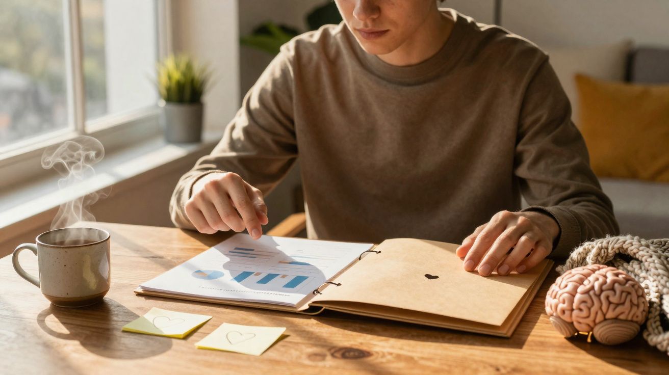 Pessoa a analisar gráficos num documento, com chá quente e modelo de cérebro na mesa ao lado.