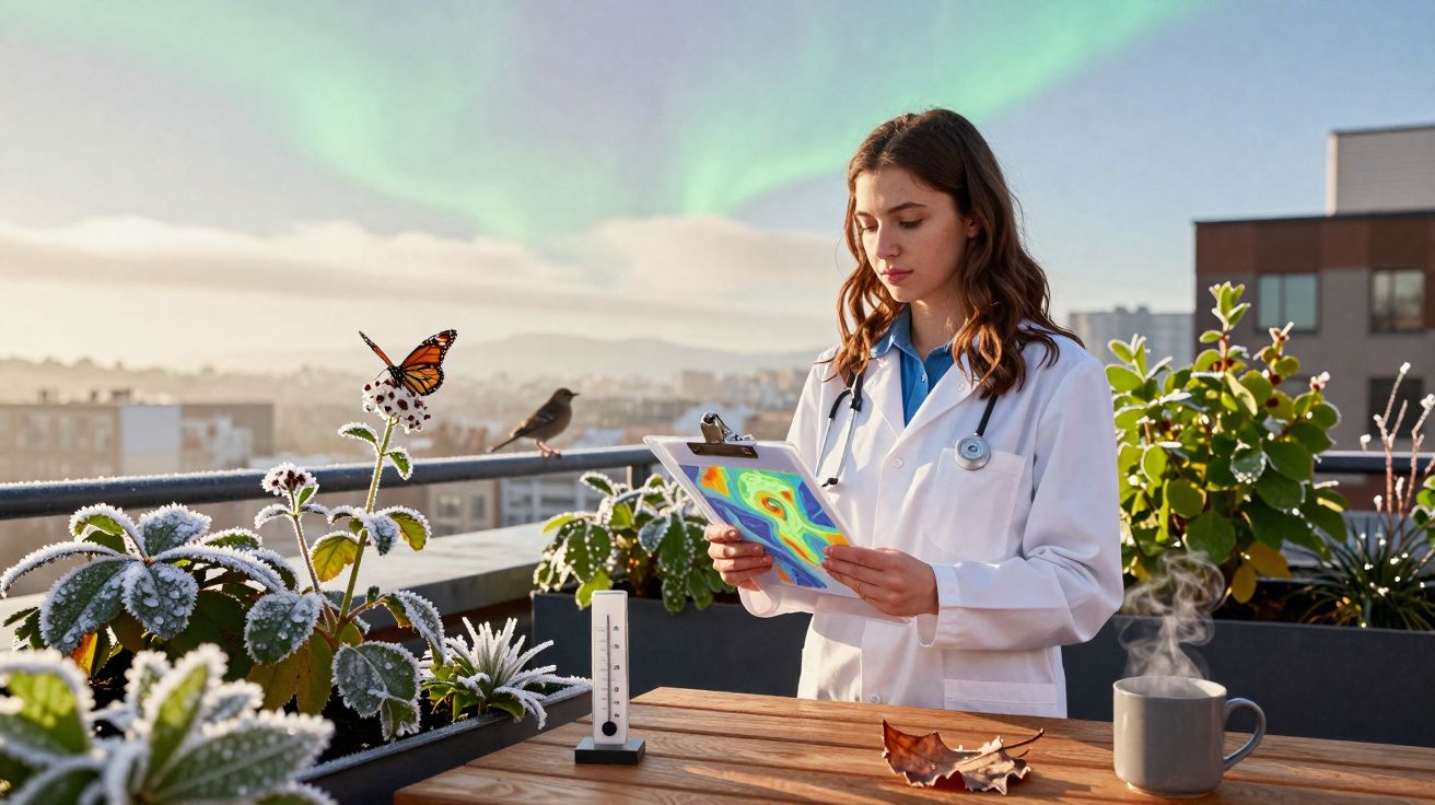 Mulher cientista no exterior a analisar imagem térmica com plantas, um termómetro e uma chávena com vapor.