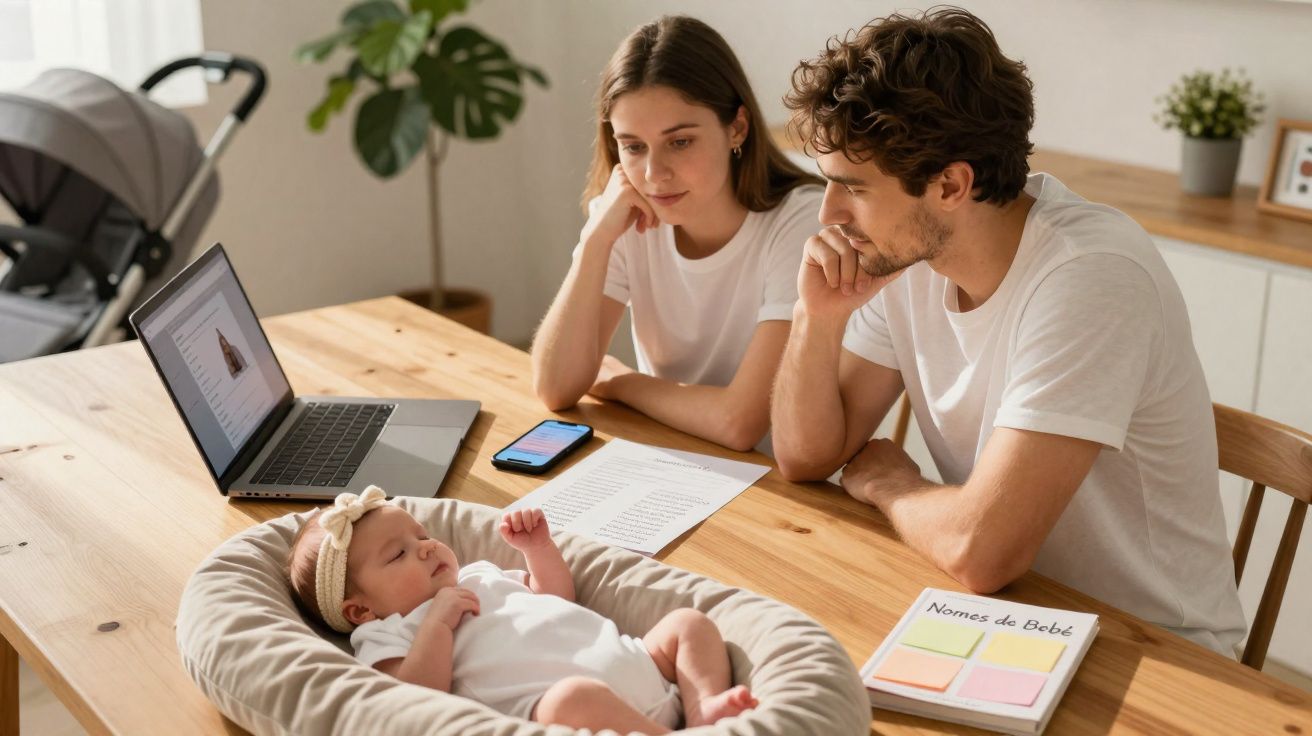 Casal sentado à mesa a olhar para um bebé num moisés, com laptop, telemóvel e lista de nomes de bebé à frente.