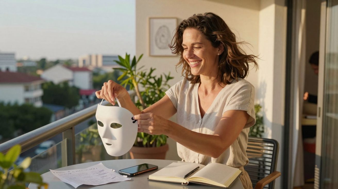 Mulher sorridente a segurar uma máscara branca num terraço com caderno e telemóvel.