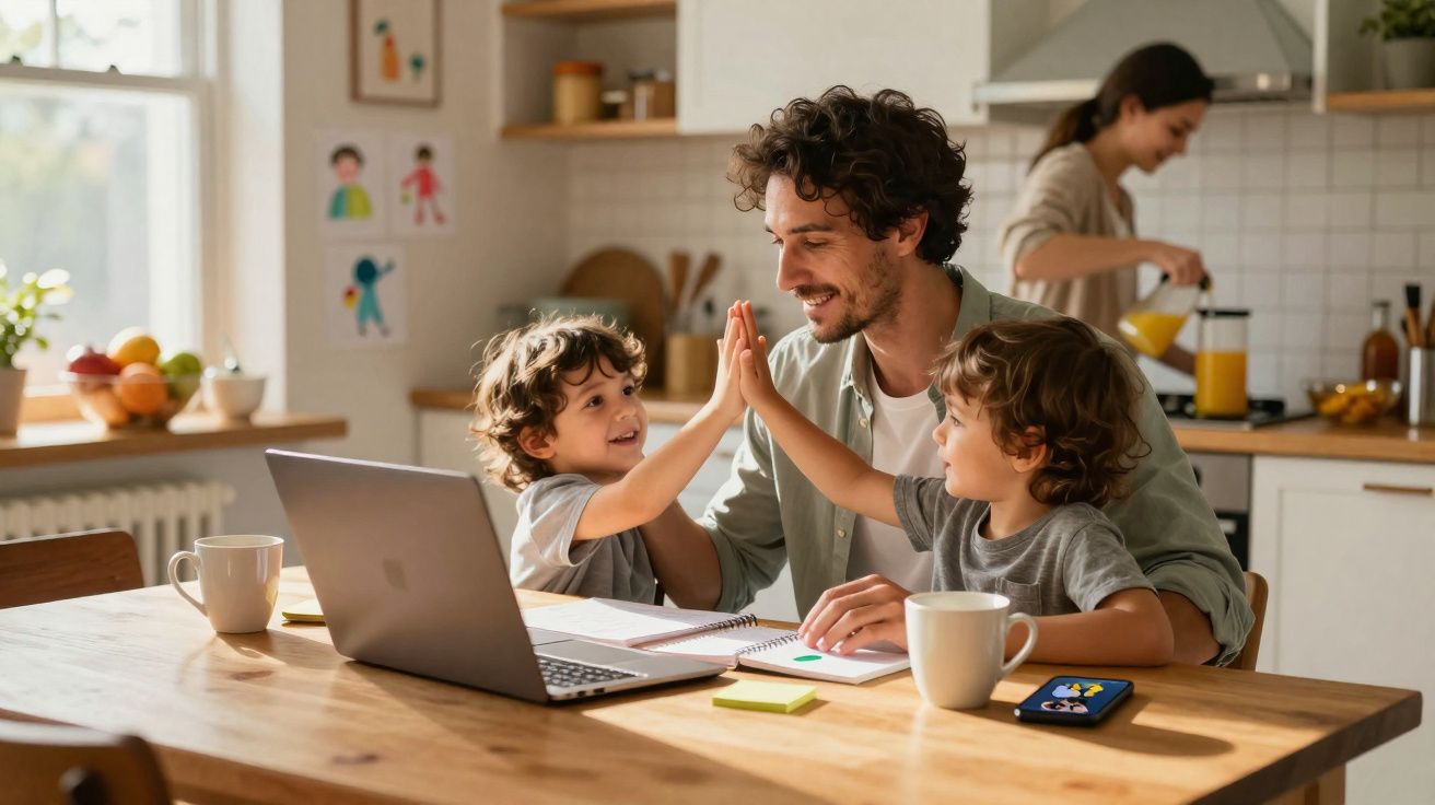 Pai e filhos a dar um high five enquanto fazem trabalhos na cozinha, mãe prepara sumo ao fundo.