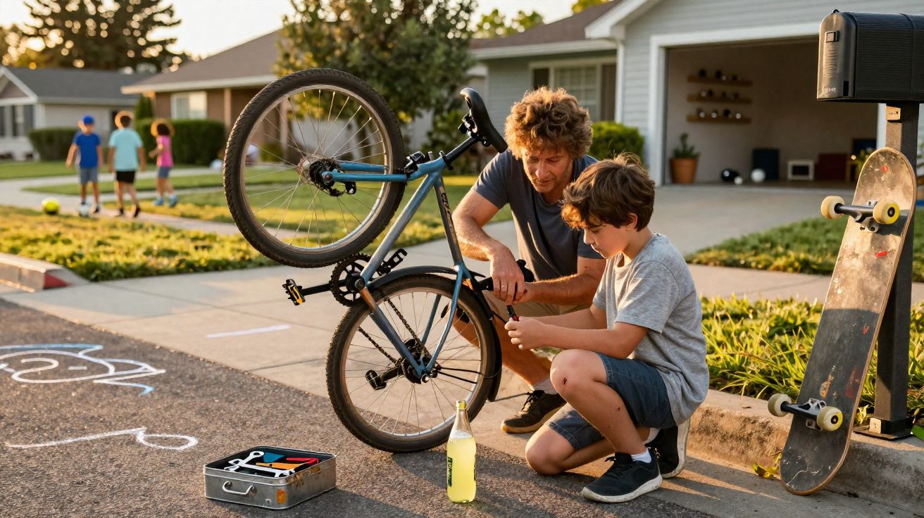 Pai e filho consertam bicicleta na rua em bairro residencial ao entardecer, com skate e amigos ao fundo.