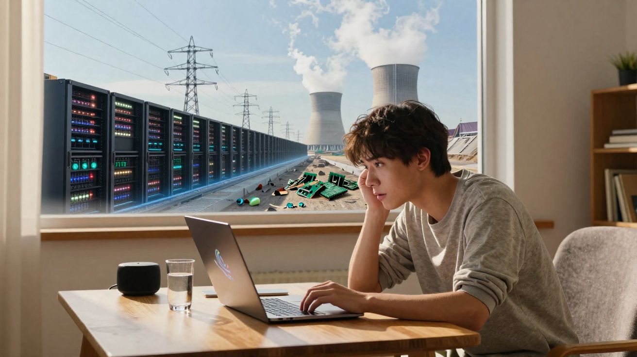 Jovem a trabalhar num portátil numa sala, com vista para server farms e centrais industriais ao fundo.