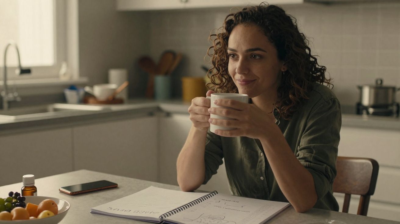 Mulher sentada à mesa da cozinha a segurar uma chávena enquanto lê um caderno.