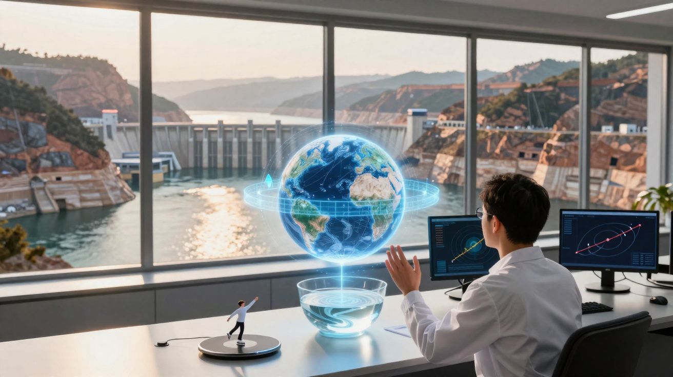 Homem observa holograma do planeta Terra numa sala com vista para uma grande barragem hidrelétrica.