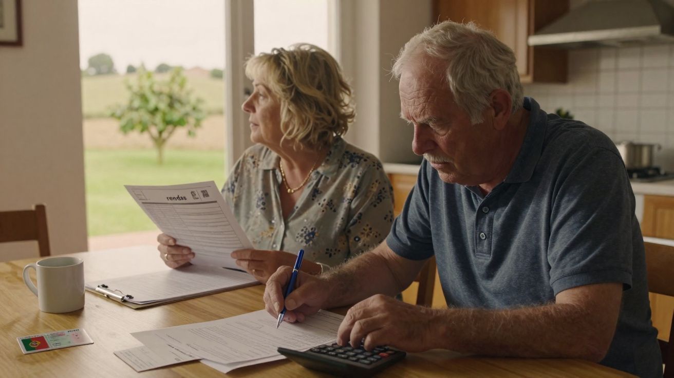 Casal sénior sentado à mesa a analisar documentos e calcular despesas com uma calculadora em casa.