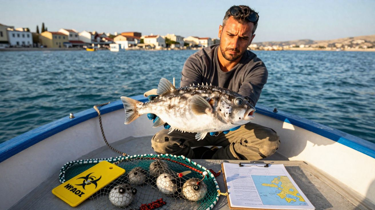 Homem numa embarcação a segurar peixe grande com rede e mapa ao fundo em águas calmas perto da costa.