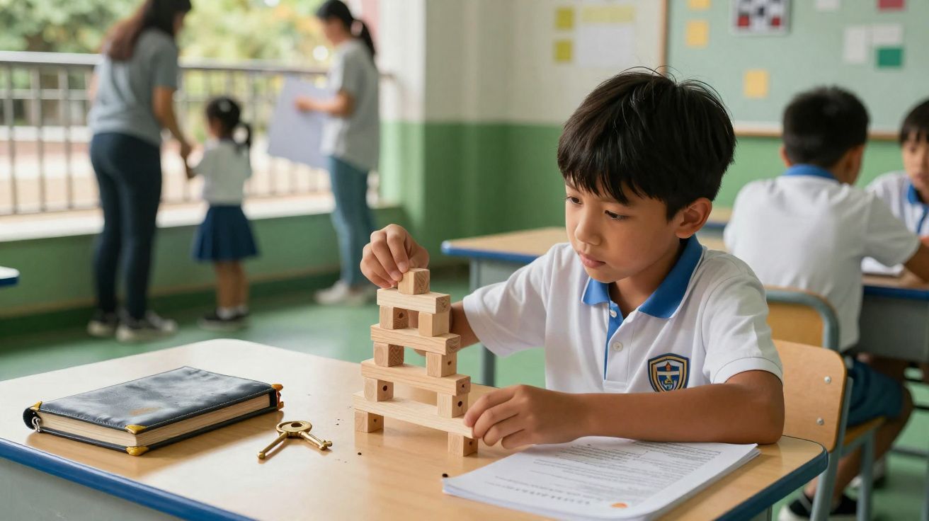 Criança numa sala de aula a empilhar blocos de madeira enquanto outros alunos estão ao fundo.