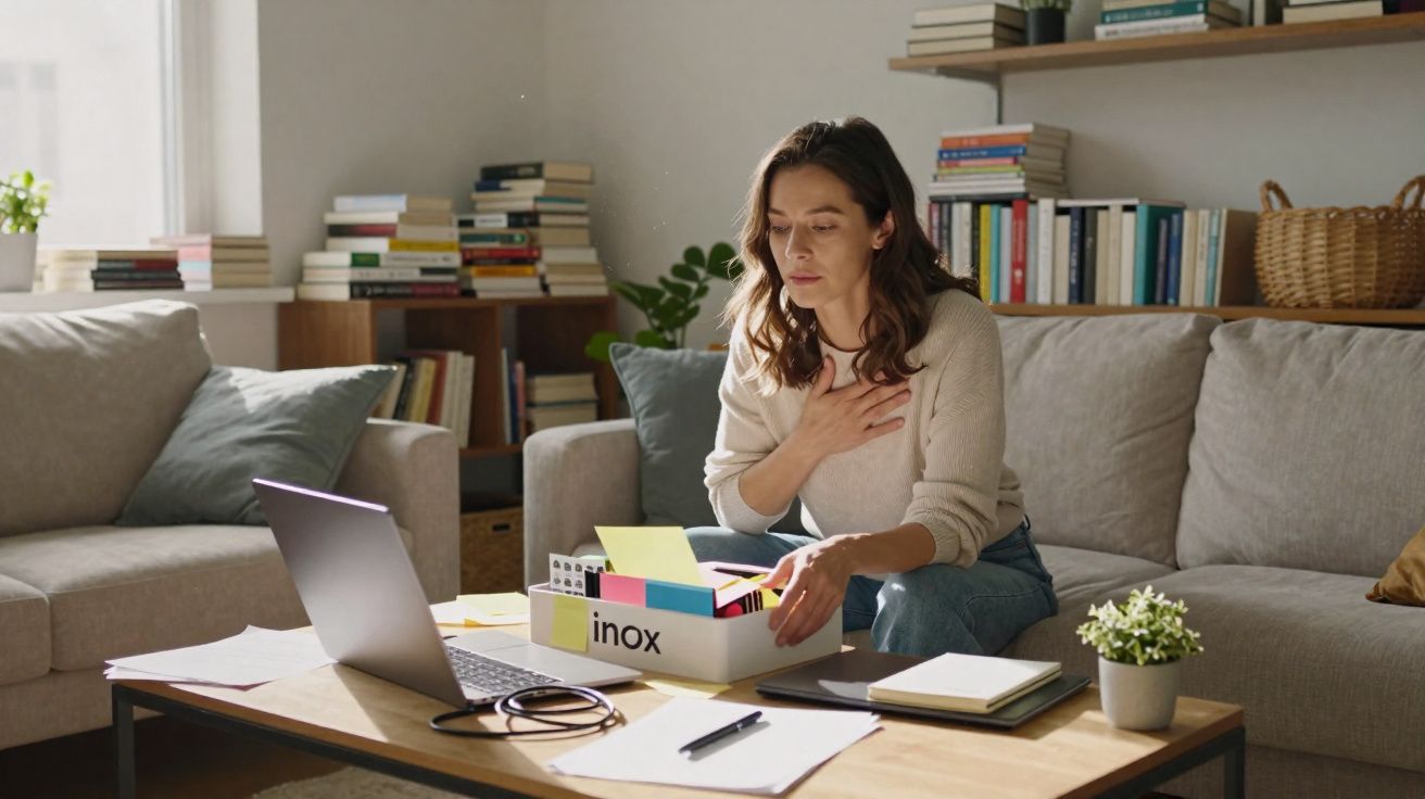 Mulher sentada a organizar documentos numa caixa em sala de estar com sofá e estante de livros.