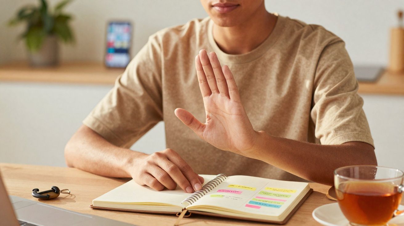 Pessoa a fazer sinal de paragem com a mão enquanto estuda num caderno ao lado de uma chávena de chá.