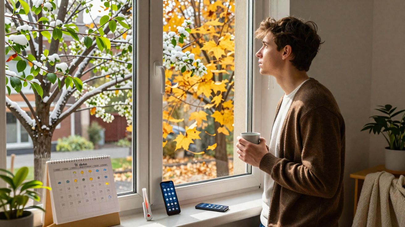 Jovem de camisa branca e casaco castanho a olhar pela janela, segurando uma caneca, com árvores de outono e neve lá fora.