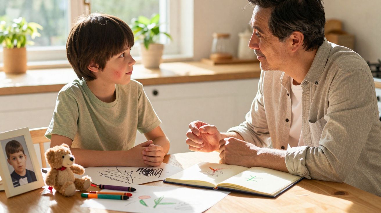 Criança e homem adulto sentados à mesa a conversar, com desenhos, lápis de cor e brinquedo à frente.