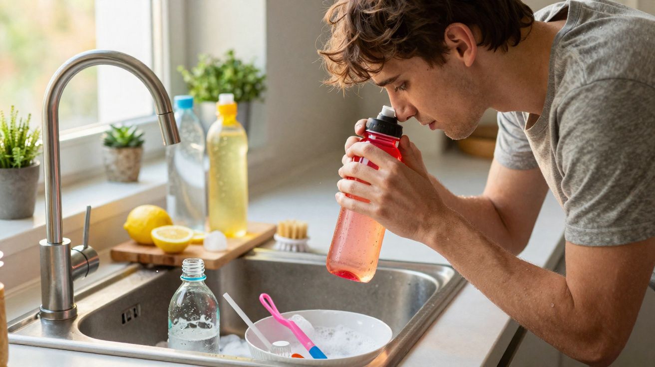 Homem a lavar e cheirar garrafa desportiva vermelha na cozinha junto à pia com utensílios.