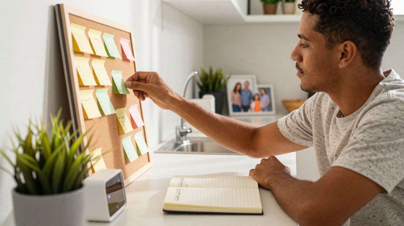 Homem a organizar notas coloridas num quadro de cortiça enquanto está numa cozinha moderna.