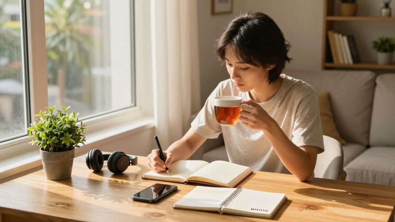 Mulher a escrever num caderno enquanto bebe chá, sentada numa mesa com janela e objetos pessoais.
