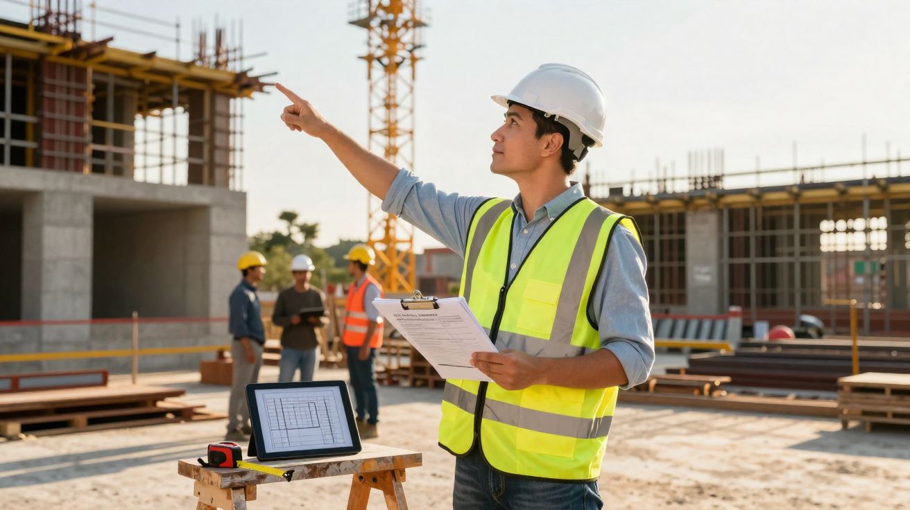 Engenheiro com colete e capacete a apontar numa obra, com tablet e trabalhadores ao fundo.