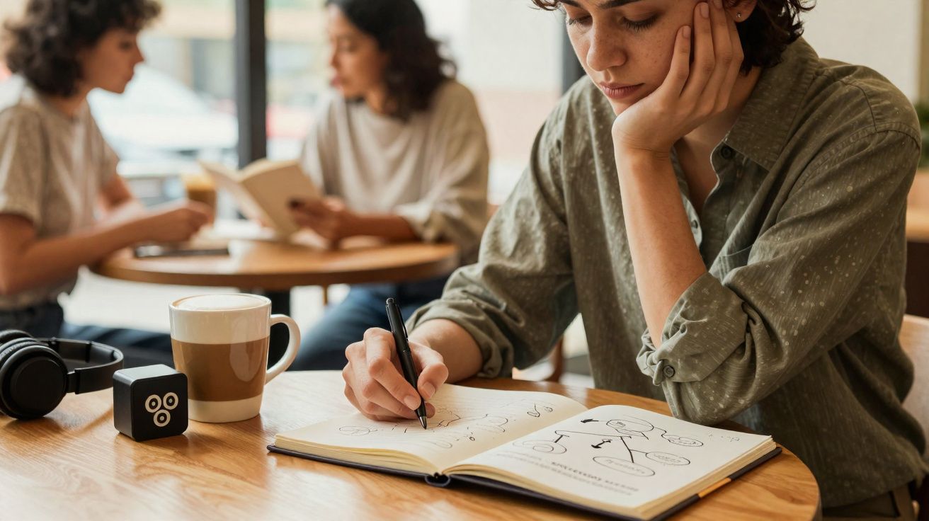 Pessoa a fazer apontamentos num caderno numa mesa com café, headphones e duas pessoas ao fundo a conversar.