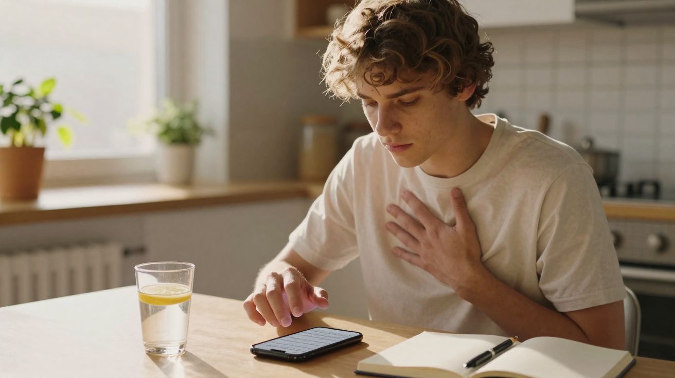 Jovem sentado à mesa com um copo de água, telefone e caderno, lendo mensagem com a mão no peito.