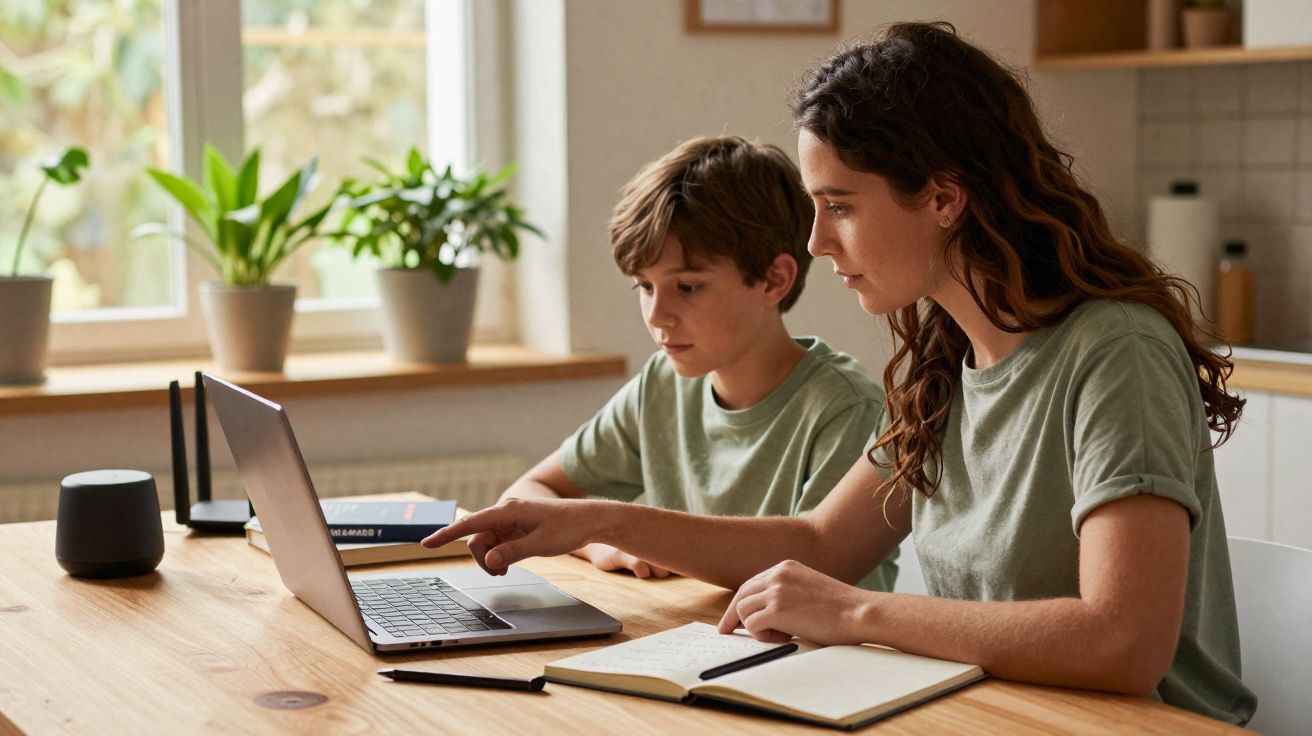 Mulher e criança sentados à mesa a estudar juntos com um portátil e caderno numa cozinha iluminada.