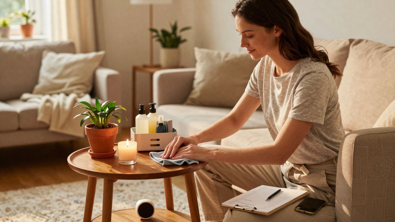 Mulher a limpar uma mesa de centro com plantas, garrafas e uma vela acesa numa sala aconchegante.