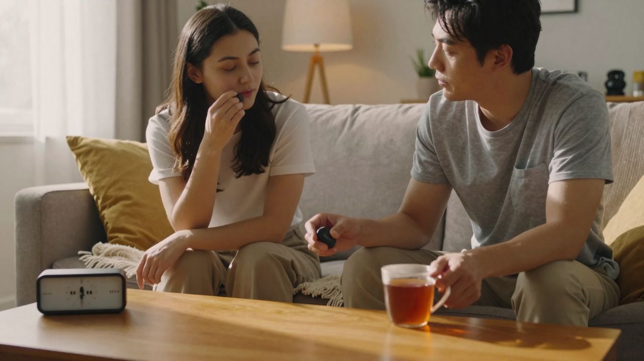 Homem e mulher sentados no sofá a conversar num ambiente acolhedor de sala de estar.