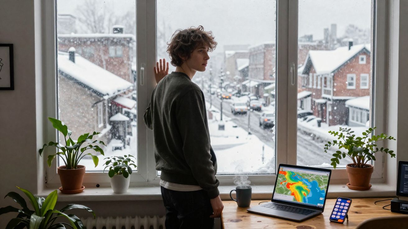 Pessoa de pé junto a janela a observar a neve caída na rua, com laptop e plantas numa mesa em primeiro plano.