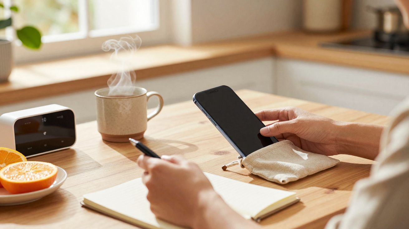 Pessoa usando smartphone e escrevendo num caderno numa mesa com chá quente, relógio e fruta cortada.